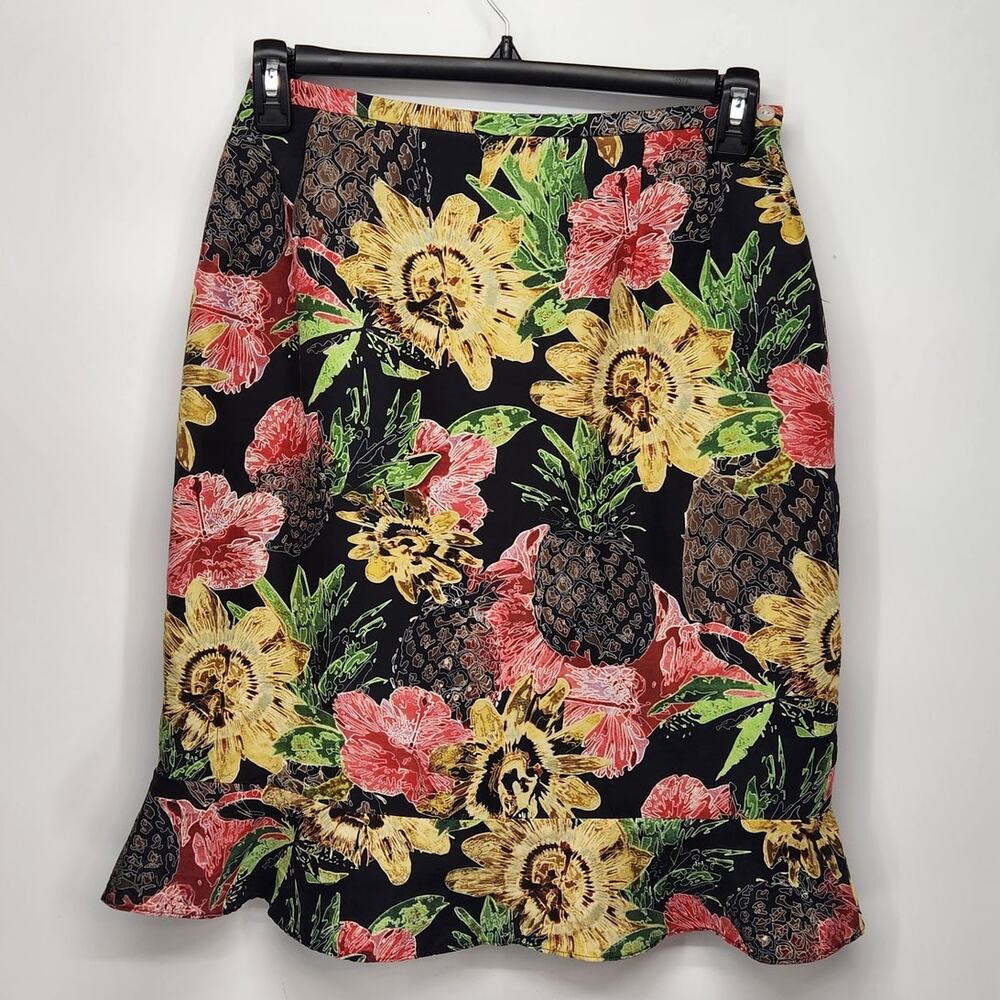Harve Benard 100% Silk Black Sunflower Pineapple Ruffle Tulip Skirt Women's 10